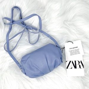 NWT Zara Genuine Lamb Leather Gathered Pleated Crossbody Shoulder Bag Blue